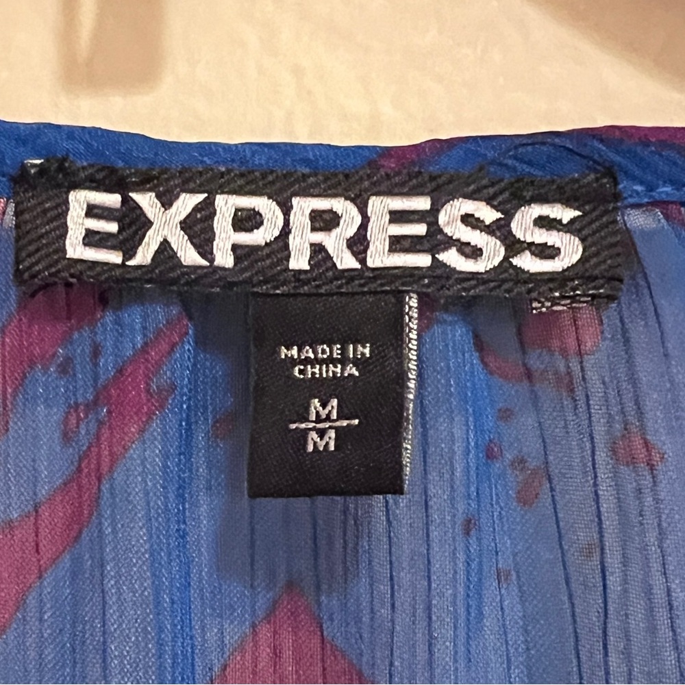 Express Vibrant Sheer 3/4 Sleeve Blue & Purple Zebra Print Shirt Dress Whimsy M - Picture 7 of 11